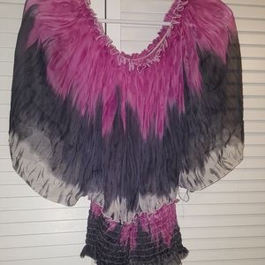 Pink and grey flowy off shoulder boho style top